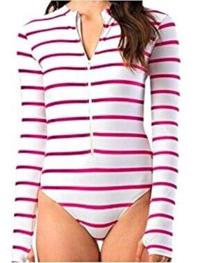 Women’s Mott50 Mila White & Pink Striped Long Sleeve One-Piece Swimsuit Size XS